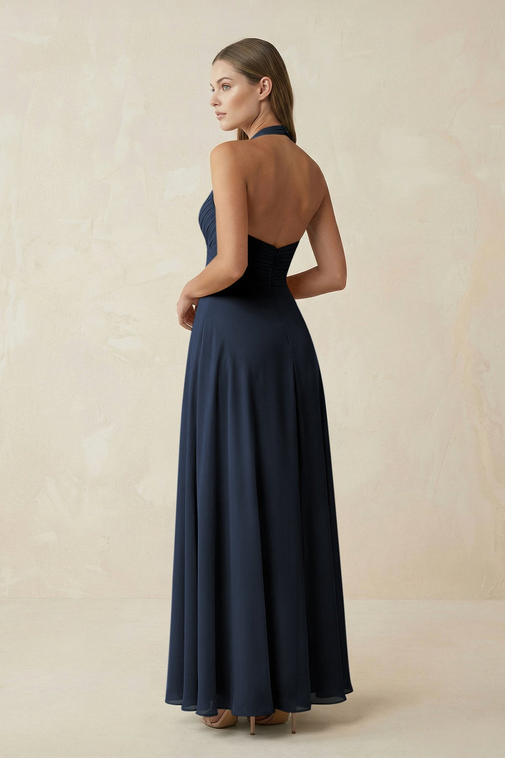 A-Line Pleated Chiffon V-Neck Bridesmaid Dress in Dark Navy - SHE IS ME BRIDESMAID DRESSES