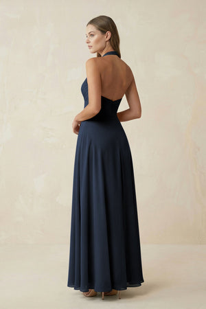 A-Line Pleated Chiffon V-Neck Bridesmaid Dress in Dark Navy - SHE IS ME BRIDESMAID DRESSES