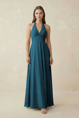 A-Line Pleated Chiffon V-Neck Bridesmaid Dress in Dark Teal - KISS BRIDAL BRIDESMAID DRESSES