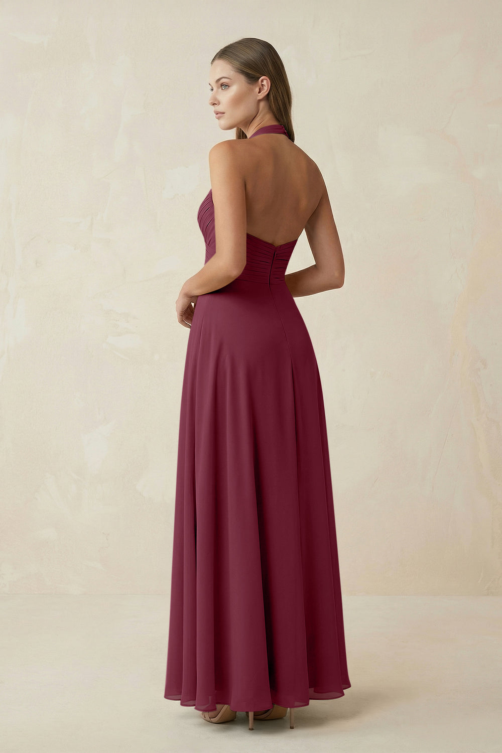 A-Line Pleated Chiffon V-Neck Bridesmaid Dress in Desert Rose