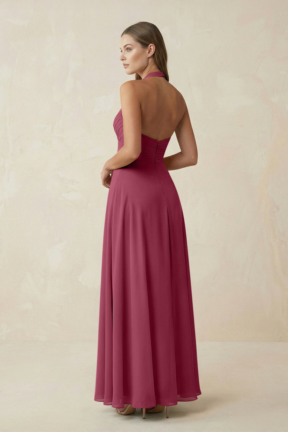 A-Line Pleated Chiffon V-Neck Bridesmaid Dress in Desert Rose - KISS BRIDAL BRIDESMAID DRESSES