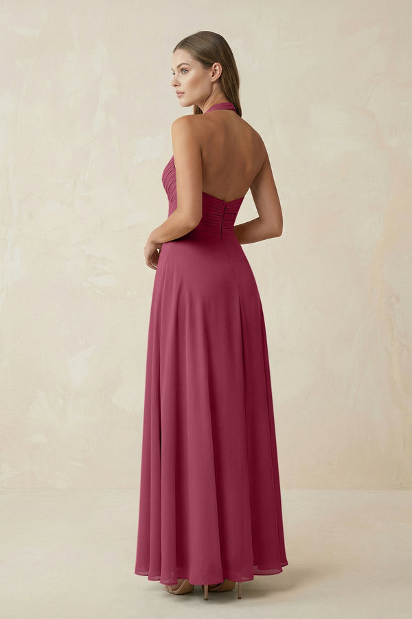 A-Line Pleated Chiffon V-Neck Bridesmaid Dress in Desert Rose - SHE IS ME BRIDESMAID DRESSES