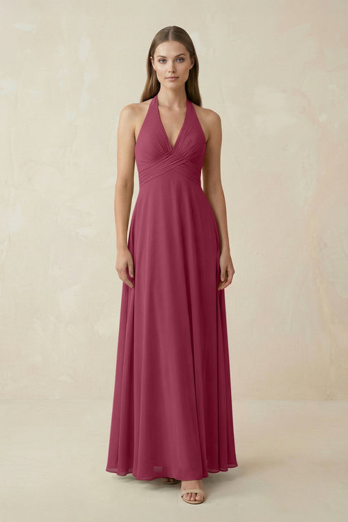 A-Line Pleated Chiffon V-Neck Bridesmaid Dress in Desert Rose - SHE IS ME BRIDESMAID DRESSES