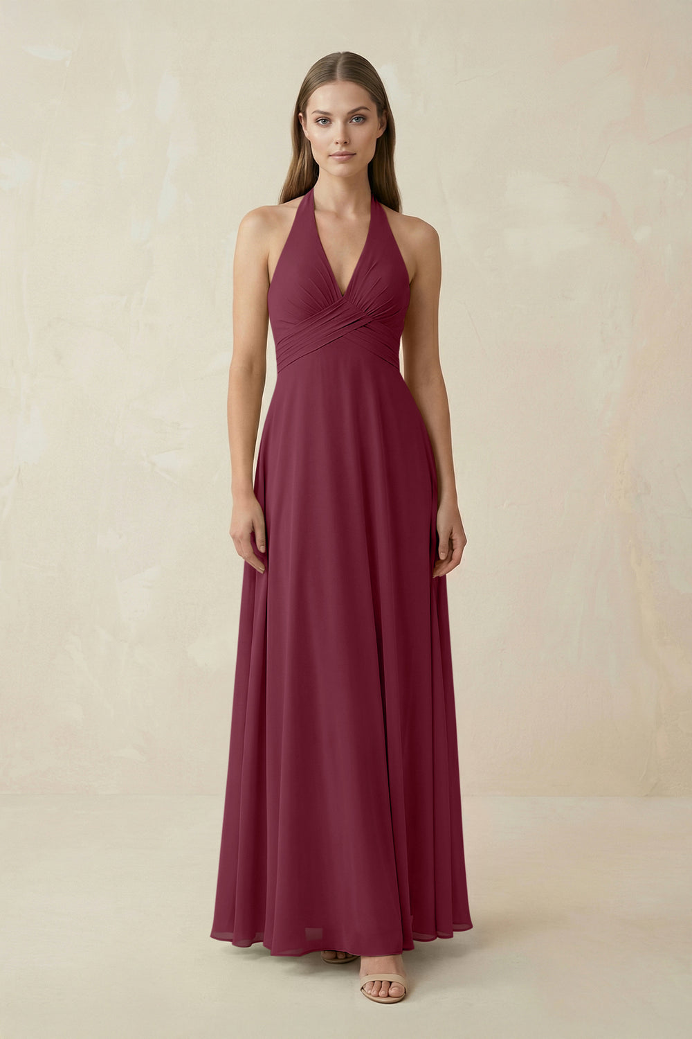 A-Line Pleated Chiffon V-Neck Bridesmaid Dress in Desert Rose