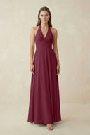 A-Line Pleated Chiffon V-Neck Bridesmaid Dress in Desert Rose | KISSBRIDAL