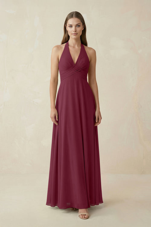 A-Line Pleated Chiffon V-Neck Bridesmaid Dress in Desert Rose | KISSBRIDAL