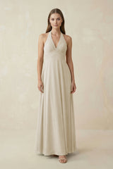 A-Line Pleated Chiffon V-Neck Bridesmaid Dress in Dove Gray - KISS BRIDAL BRIDESMAID DRESSES