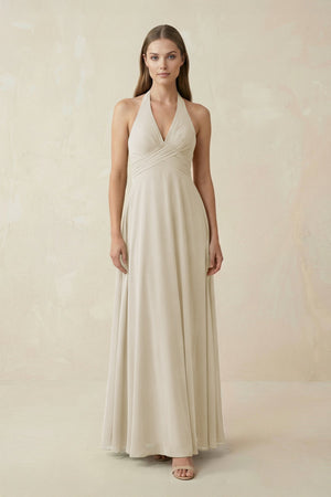 A-Line Pleated Chiffon V-Neck Bridesmaid Dress in Dove Gray - SHE IS ME BRIDESMAID DRESSES