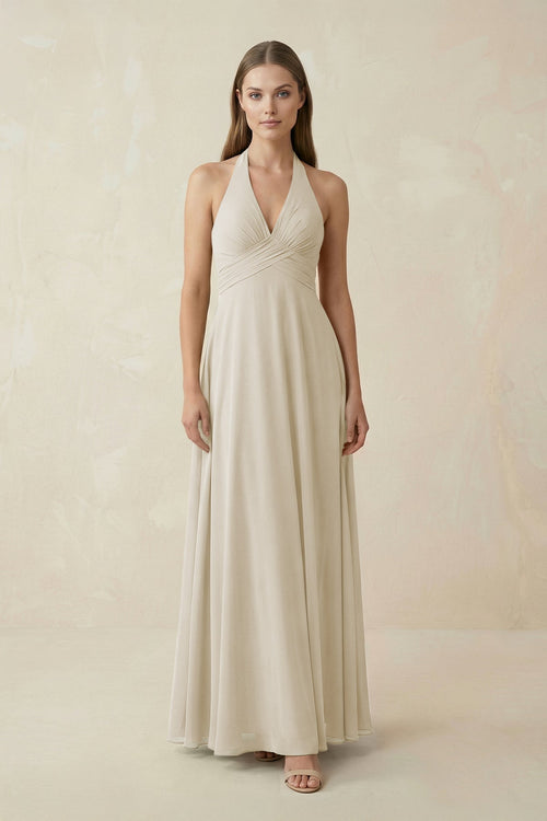 A-Line Pleated Chiffon V-Neck Bridesmaid Dress in Dove Gray - SHE IS ME BRIDESMAID DRESSES