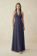 A-Line Pleated Chiffon V-Neck Bridesmaid Dress in Dusk Blue - SHE IS ME BRIDESMAID DRESSES