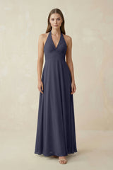 A-Line Pleated Chiffon V-Neck Bridesmaid Dress in Dusk Blue - KISS BRIDAL BRIDESMAID DRESSES