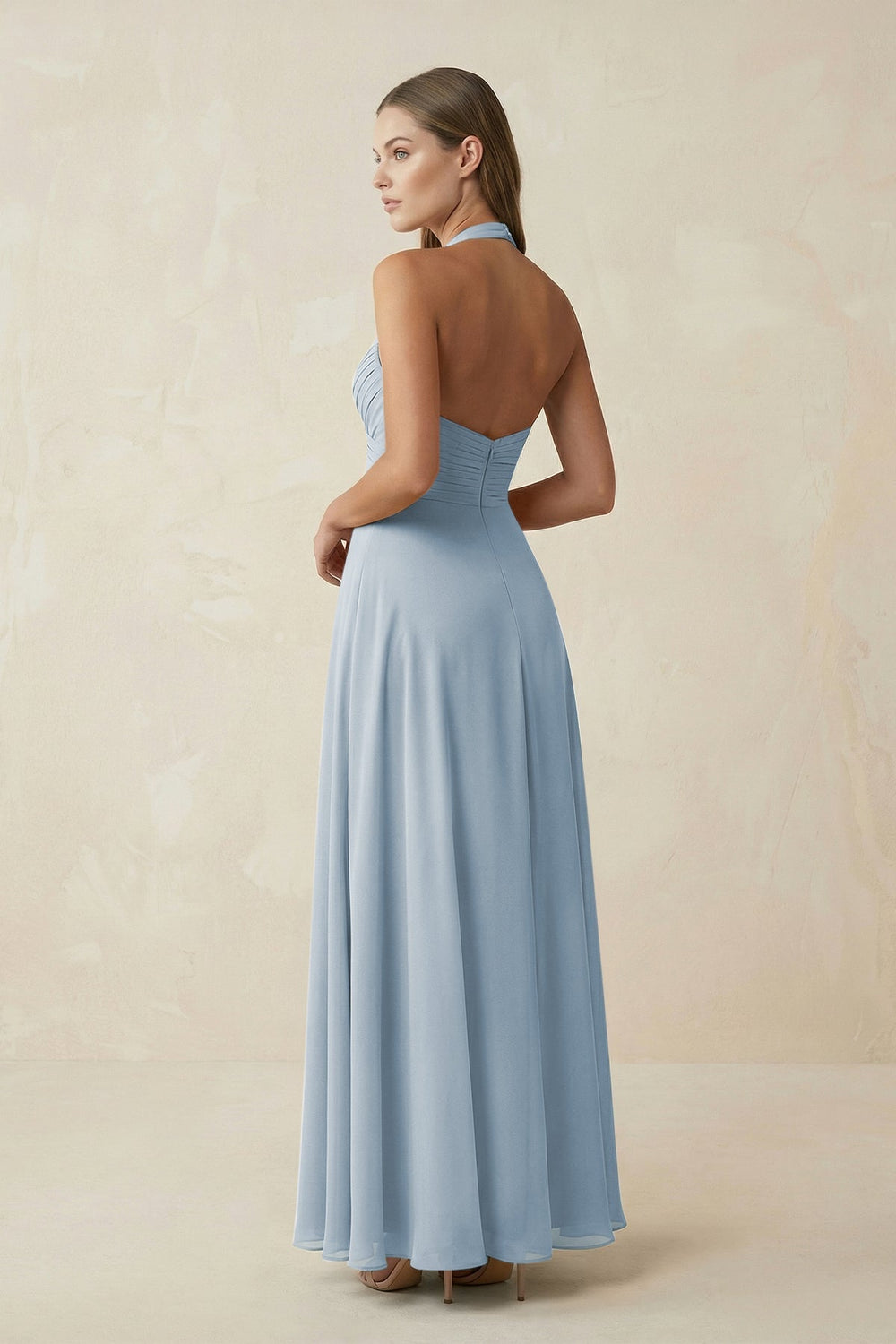 A-Line Pleated Chiffon V-Neck Bridesmaid Dress in Dusty Blue - SHE IS ME BRIDESMAID DRESSES