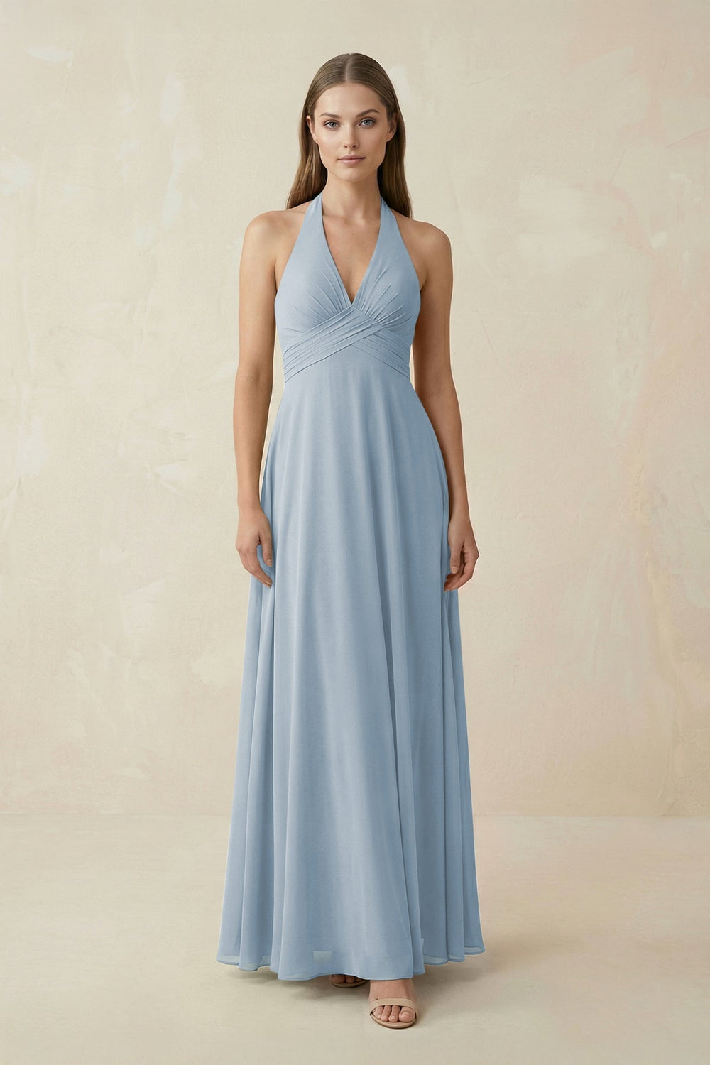 A-Line Pleated Chiffon V-Neck Bridesmaid Dress in Dusty Blue - SHE IS ME BRIDESMAID DRESSES