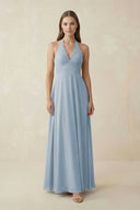 A-Line Pleated Chiffon V-Neck Bridesmaid Dress in Dusty Blue - SHE IS ME BRIDESMAID DRESSES