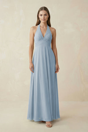 A-Line Pleated Chiffon V-Neck Bridesmaid Dress in Dusty Blue - SHE IS ME BRIDESMAID DRESSES