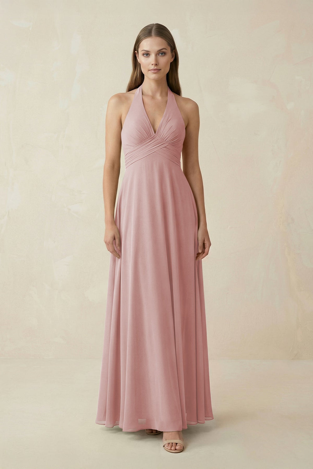 A-Line Pleated Chiffon V-Neck Bridesmaid Dress in Dusty Rose - SHE IS ME BRIDESMAID DRESSES