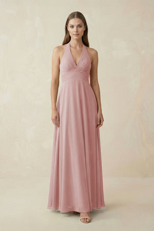 A-Line Pleated Chiffon V-Neck Bridesmaid Dress in Dusty Rose - SHE IS ME BRIDESMAID DRESSES
