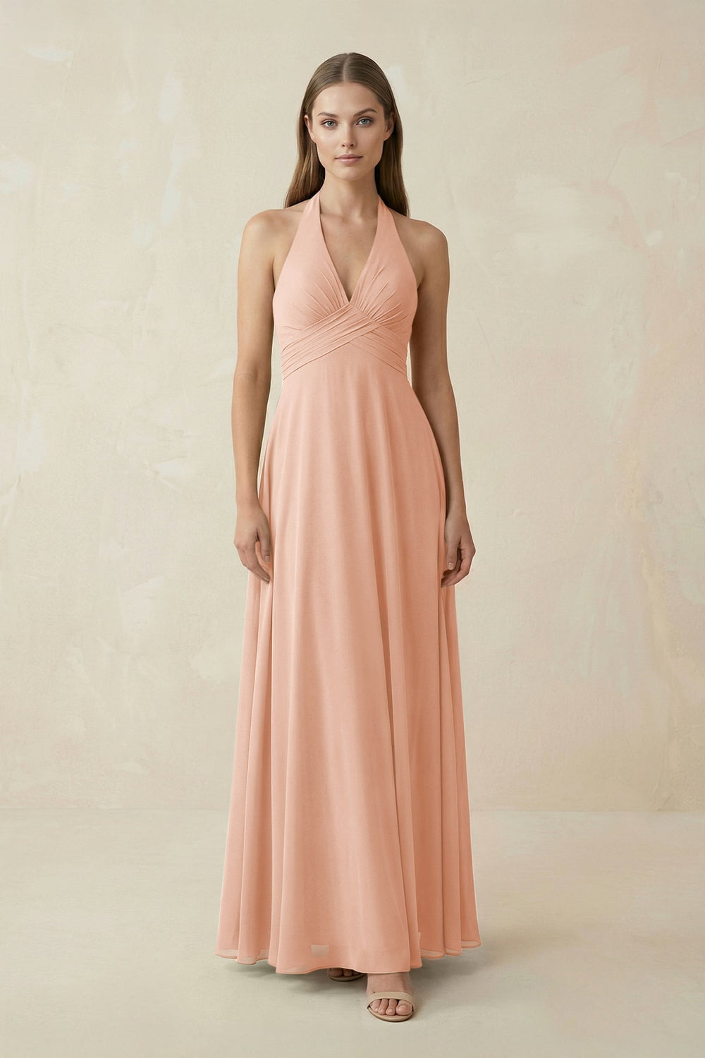 A-Line Pleated Chiffon V-Neck Bridesmaid Dress in English Rose - SHE IS ME BRIDESMAID DRESSES