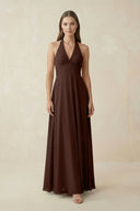 A-Line Pleated Chiffon V-Neck Bridesmaid Dress in Espresso - SHE IS ME BRIDESMAID DRESSES