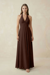A-Line Pleated Chiffon V-Neck Bridesmaid Dress in Espresso - KISS BRIDAL BRIDESMAID DRESSES