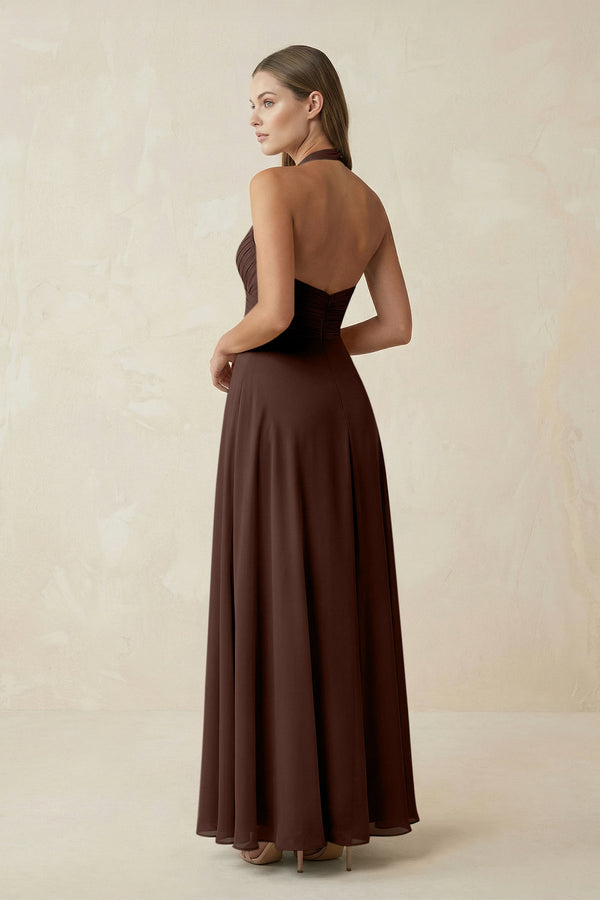 A-Line Pleated Chiffon V-Neck Bridesmaid Dress in Espresso - SHE IS ME BRIDESMAID DRESSES