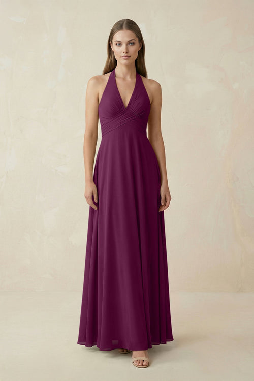 A-Line Pleated Chiffon V-Neck Bridesmaid Dress in Fig - SHE IS ME BRIDESMAID DRESSES