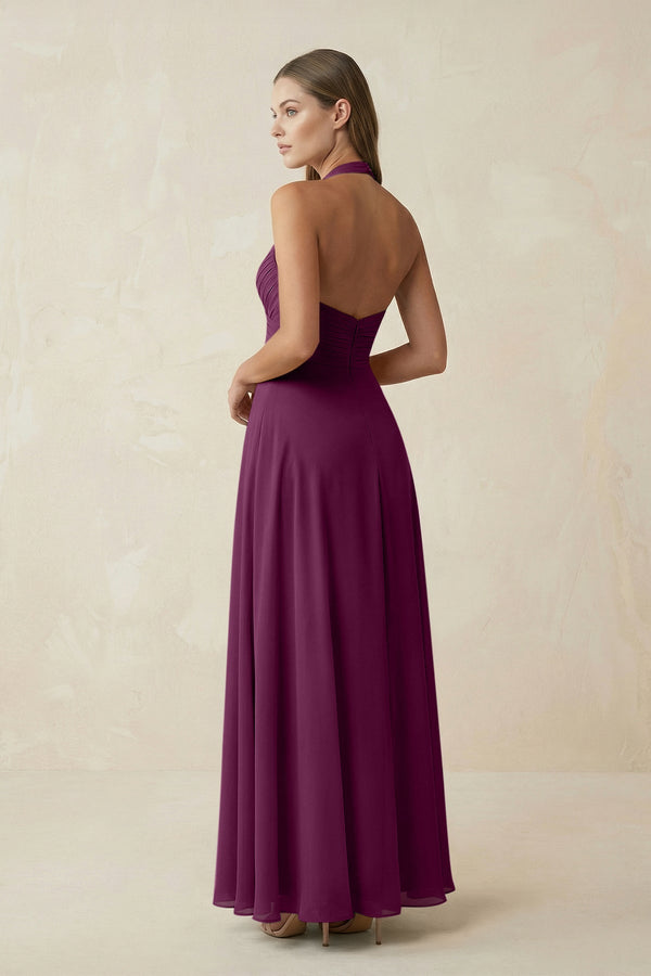 A-Line Pleated Chiffon V-Neck Bridesmaid Dress in Fig - SHE IS ME BRIDESMAID DRESSES