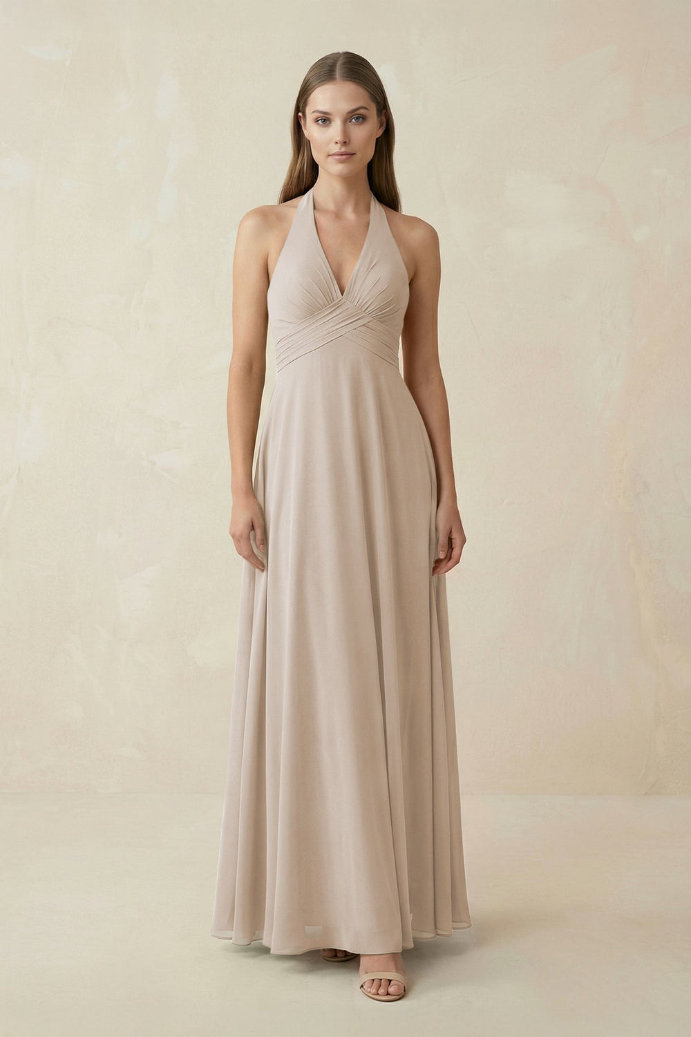 A-Line Pleated Chiffon V-Neck Bridesmaid Dress in Frost - SHE IS ME BRIDESMAID DRESSES