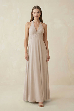 A-Line Pleated Chiffon V-Neck Bridesmaid Dress in Frost - SHE IS ME BRIDESMAID DRESSES