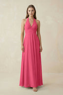 A-Line Pleated Chiffon V-Neck Bridesmaid Dress in Fuchsia - SHE IS ME BRIDESMAID DRESSES