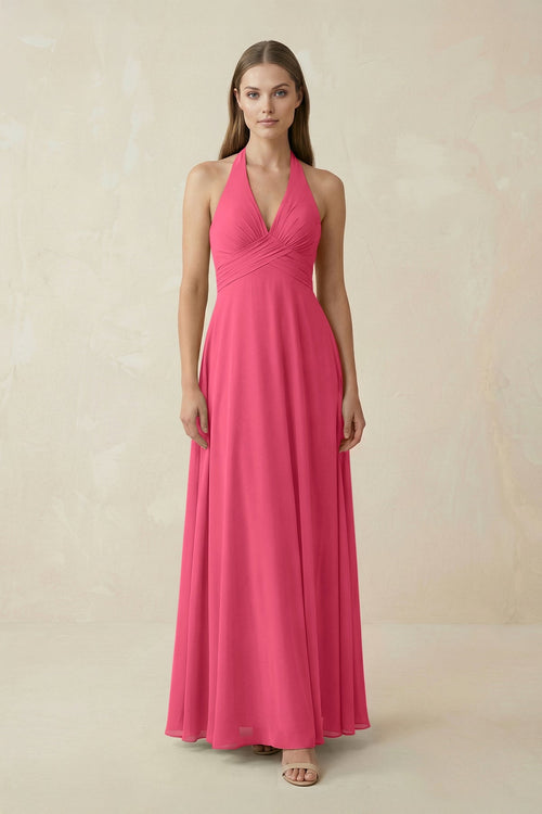 A-Line Pleated Chiffon V-Neck Bridesmaid Dress in Fuchsia - SHE IS ME BRIDESMAID DRESSES