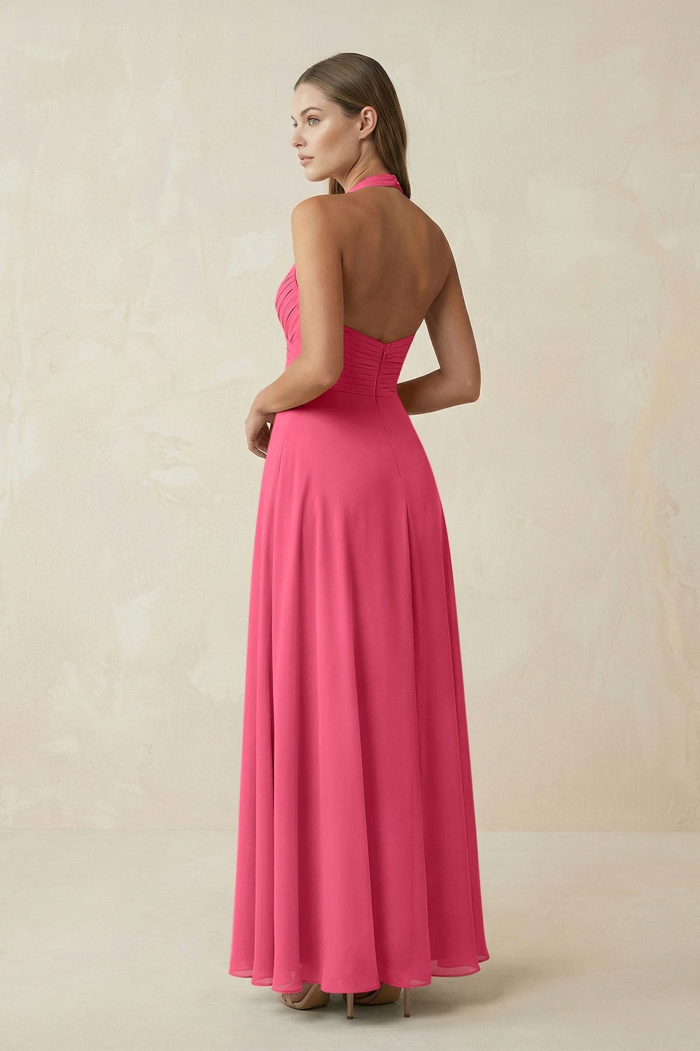A-Line Pleated Chiffon V-Neck Bridesmaid Dress in Fuchsia - SHE IS ME BRIDESMAID DRESSES