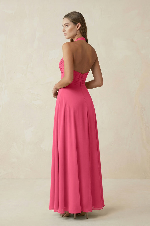 A-Line Pleated Chiffon V-Neck Bridesmaid Dress in Fuchsia - SHE IS ME BRIDESMAID DRESSES