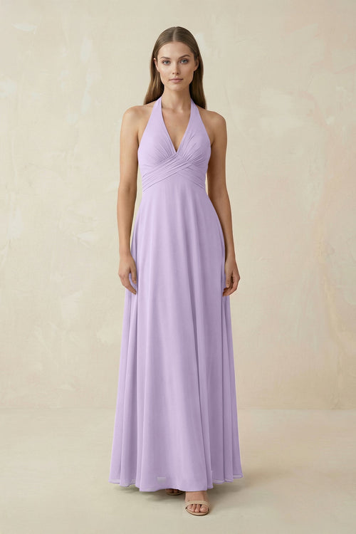 A-Line Pleated Chiffon V-Neck Bridesmaid Dress in Lavender - SHE IS ME BRIDESMAID DRESSES