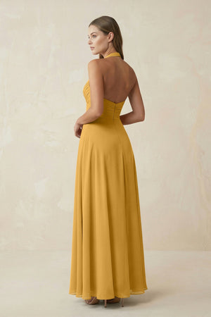 A-Line Pleated Chiffon V-Neck Bridesmaid Dress in Marigold - SHE IS ME BRIDESMAID DRESSES
