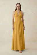 A-Line Pleated Chiffon V-Neck Bridesmaid Dress in Marigold - SHE IS ME BRIDESMAID DRESSES