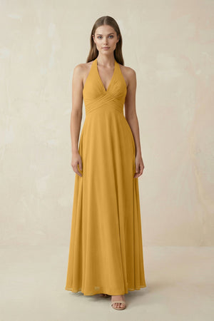 A-Line Pleated Chiffon V-Neck Bridesmaid Dress in Marigold - SHE IS ME BRIDESMAID DRESSES