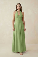 A-Line Pleated Chiffon V-Neck Bridesmaid Dress in Matcha - SHE IS ME BRIDESMAID DRESSES