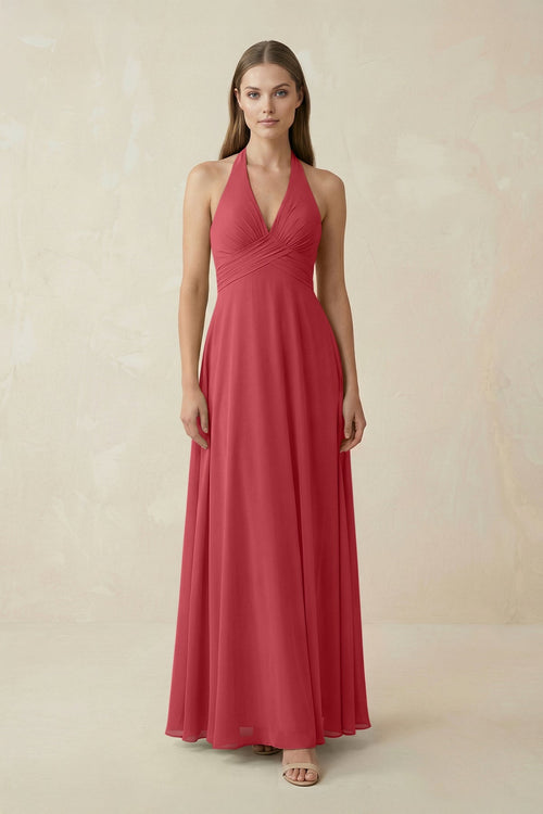 A-Line Pleated Chiffon V-Neck Bridesmaid Dress in Merlot - SHE IS ME BRIDESMAID DRESSES