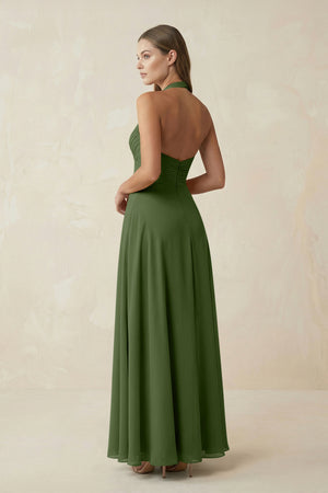 A-Line Pleated Chiffon V-Neck Bridesmaid Dress in Moss (2) | KISSBRIDAL