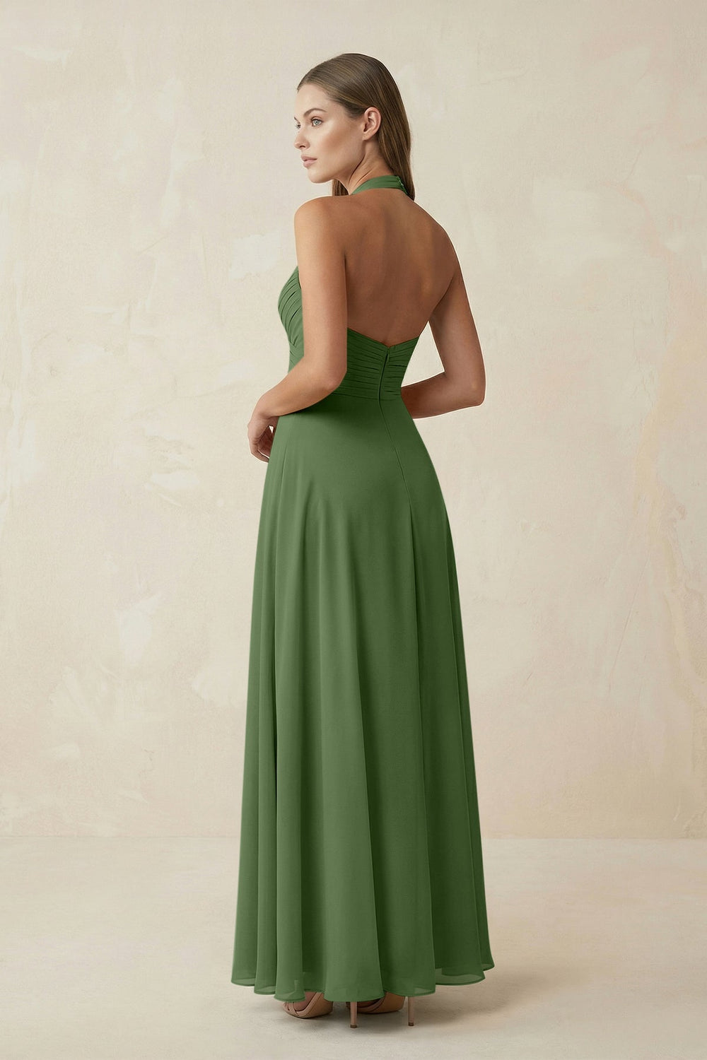 A-Line Pleated Chiffon V-Neck Bridesmaid Dress in Moss - SHE IS ME BRIDESMAID DRESSES