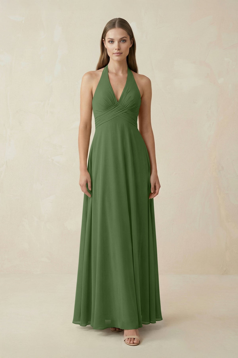 A-Line Pleated Chiffon V-Neck Bridesmaid Dress in Moss - SHE IS ME BRIDESMAID DRESSES