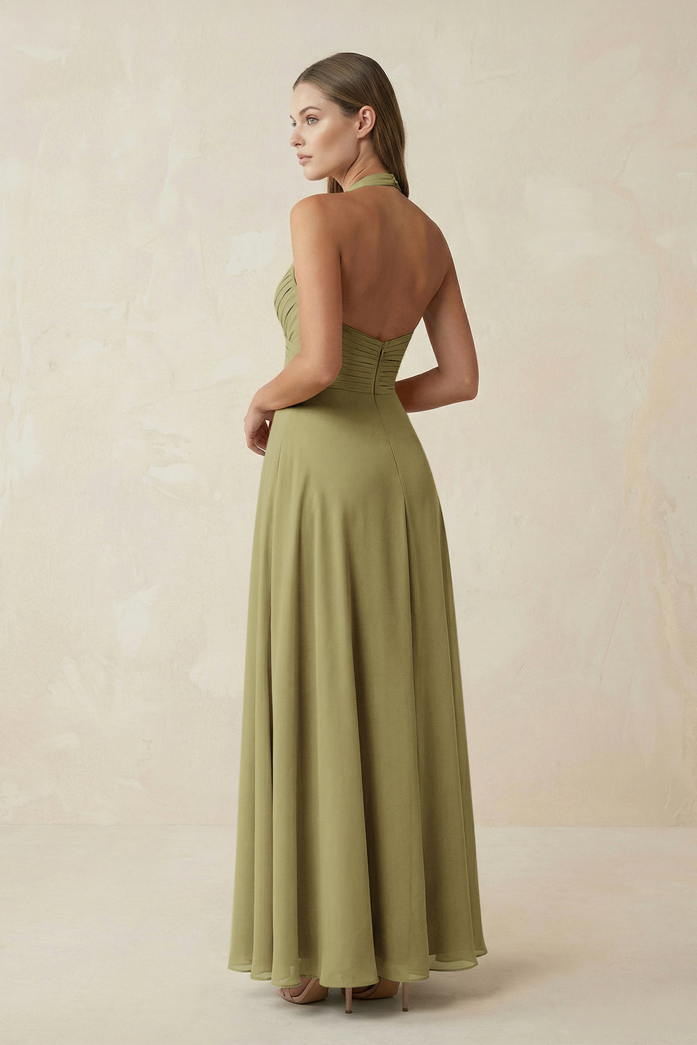 A-Line Pleated Chiffon V-Neck Bridesmaid Dress in Moss Green