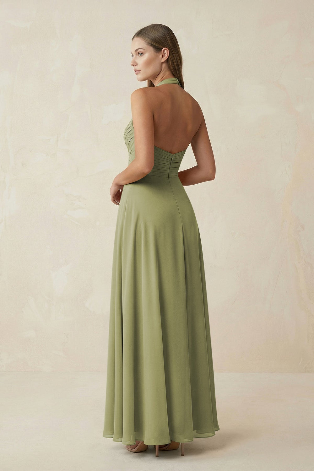 A-Line Pleated Chiffon V-Neck Bridesmaid Dress in Moss Green - KISS BRIDAL BRIDESMAID DRESSES