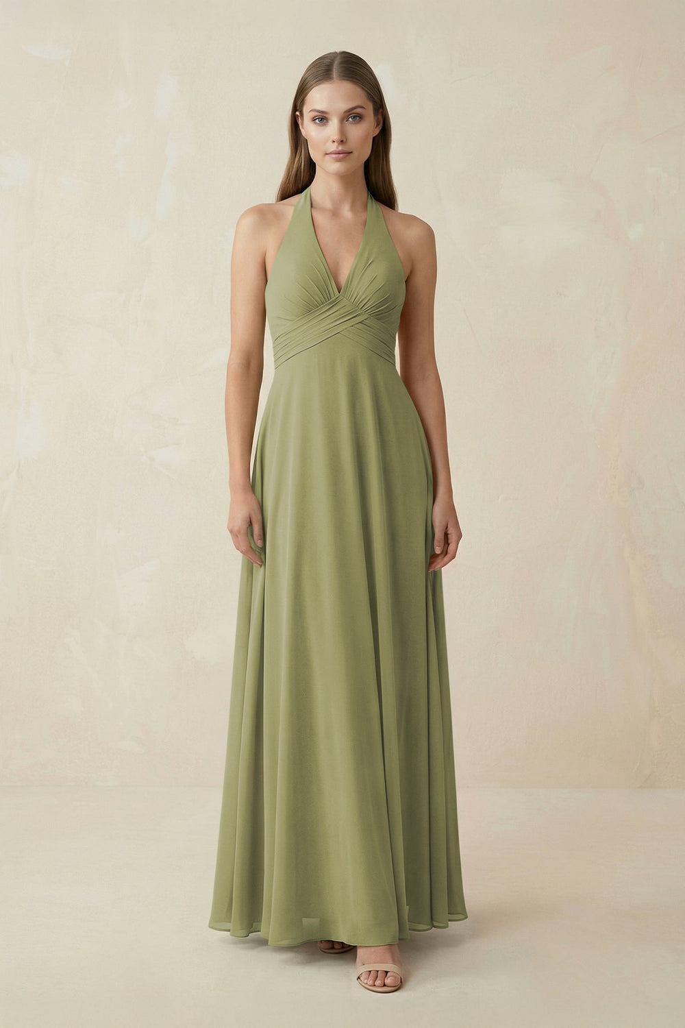 A-Line Pleated Chiffon V-Neck Bridesmaid Dress in Moss Green - KISS BRIDAL BRIDESMAID DRESSES