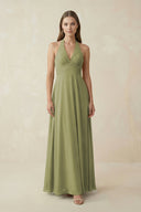 A-Line Pleated Chiffon V-Neck Bridesmaid Dress in Moss Green - SHE IS ME BRIDESMAID DRESSES