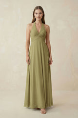 A-Line Pleated Chiffon V-Neck Bridesmaid Dress in Moss Green | KISSBRIDAL
