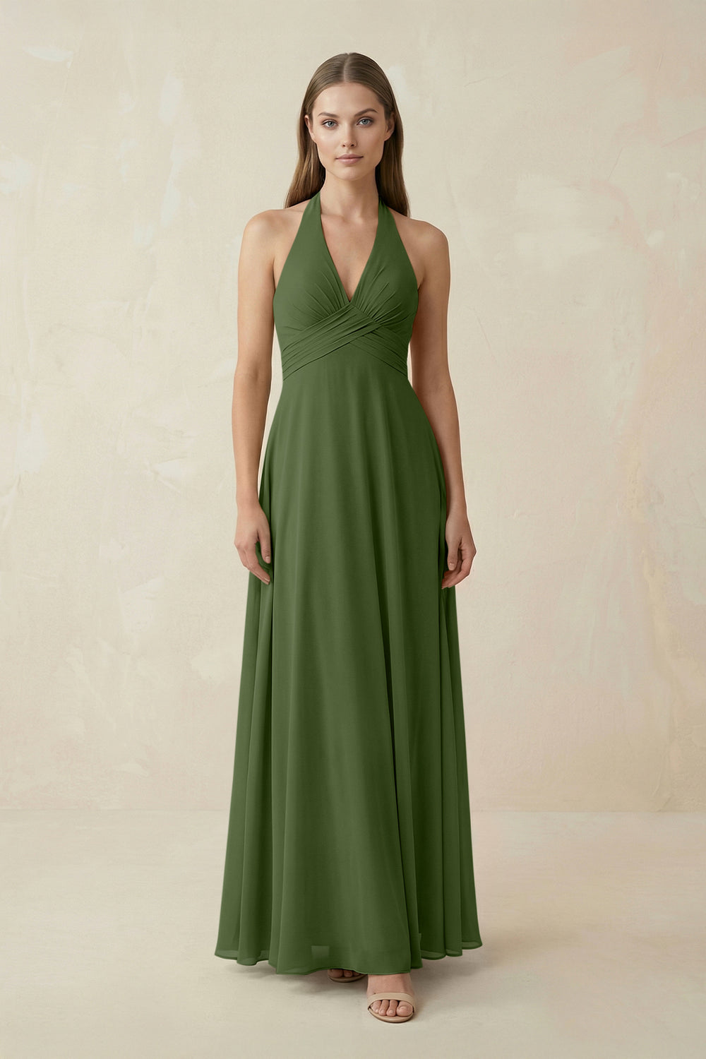 A-Line Pleated Chiffon V-Neck Bridesmaid Dress in Moss