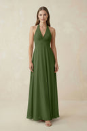 A-Line Pleated Chiffon V-Neck Bridesmaid Dress in Moss | KISSBRIDAL