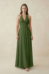 A-Line Pleated Chiffon V-Neck Bridesmaid Dress in Moss | KISSBRIDAL